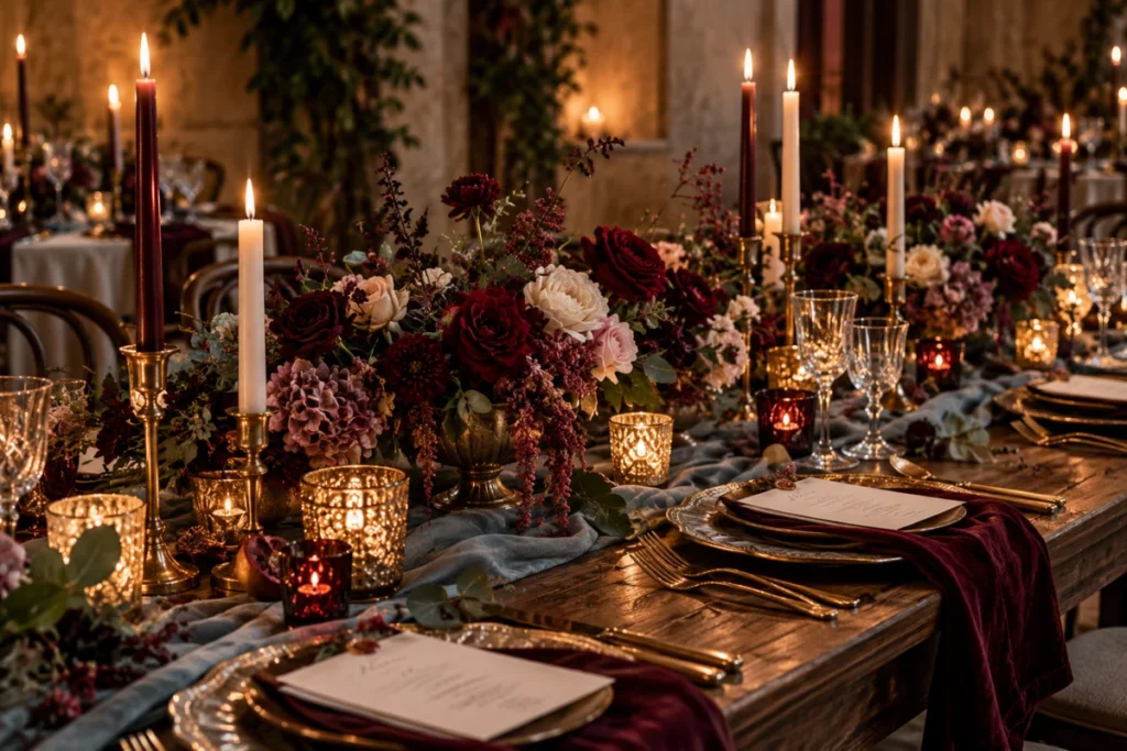 Dark romantic wedding tablescape with burgundy and ivory flowers, antique gold candlesticks, dusty blue table runner, and warm candlelight.