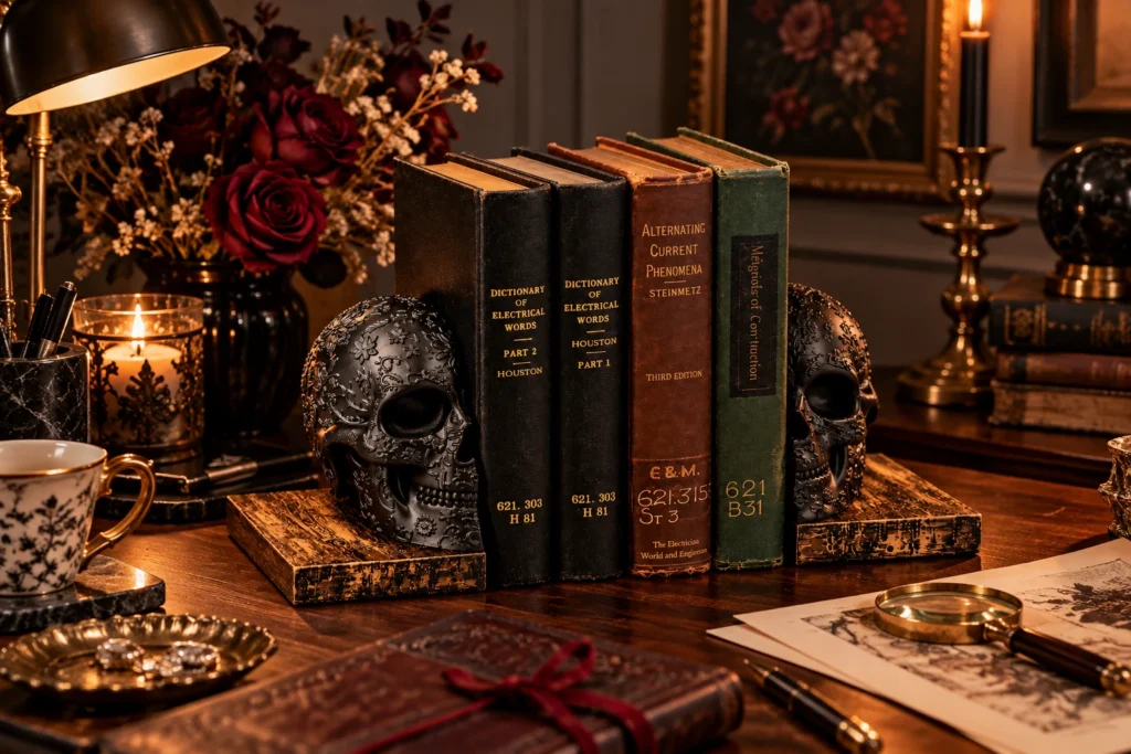 Black gothic skull bookends holding vintage hardcover books on a dark wooden desk with burgundy roses and warm candlelight.