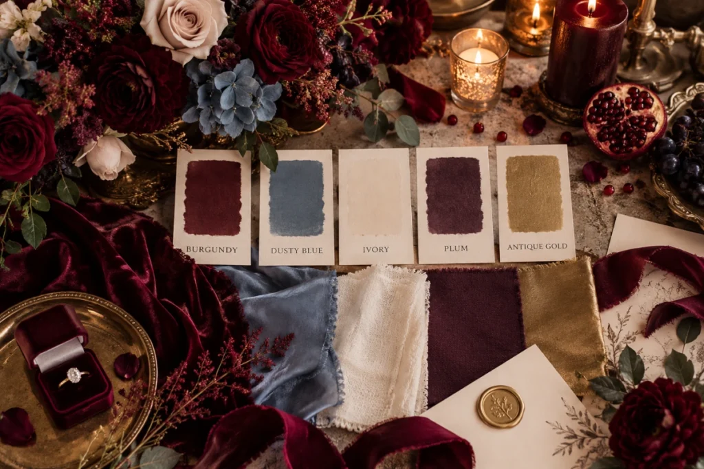 Dark romantic wedding color palette with burgundy, dusty blue, ivory, plum, and antique gold swatches, flowers, and velvet fabrics.