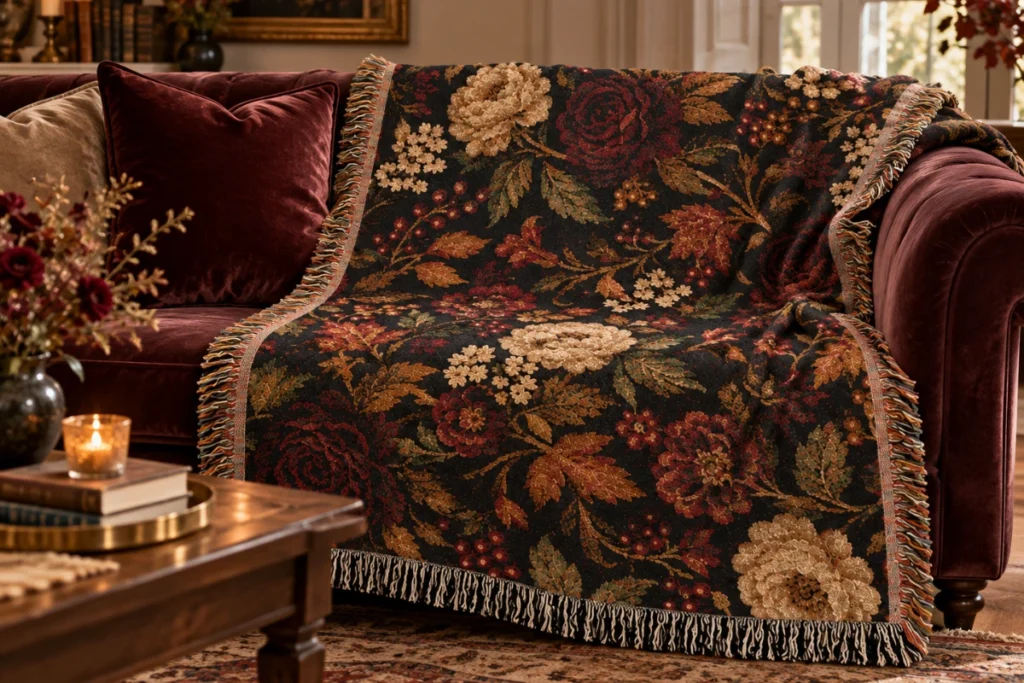 Dark floral woven blanket with burgundy roses, cream flowers, and vintage botanical patterns draped over a burgundy velvet sofa.