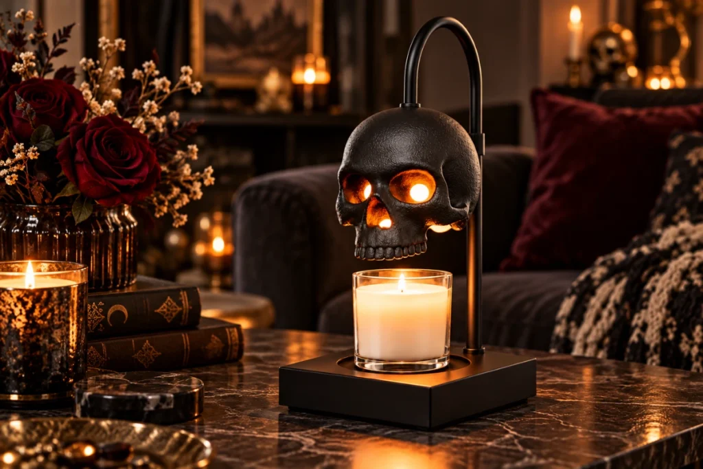 Black skull candle warmer lamp with warm amber lighting on a dark marble table in a gothic living room with burgundy roses and vintage books.