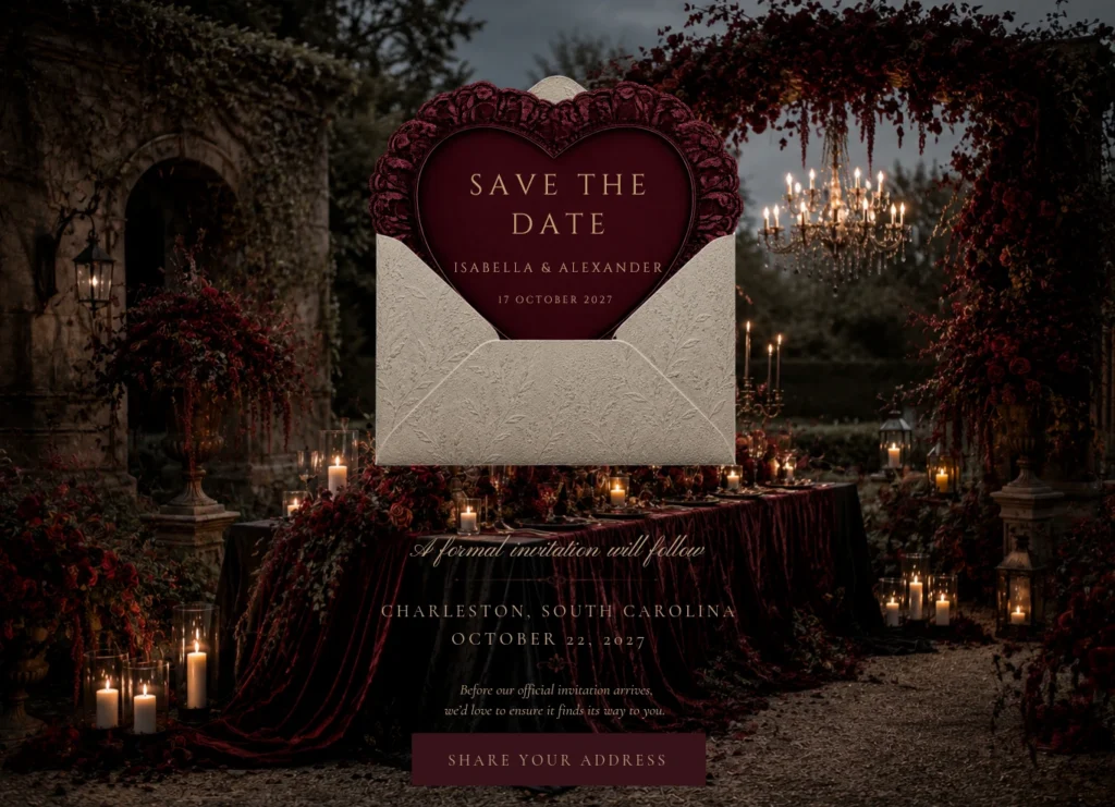 Dark romance digital save-the-date website featuring a burgundy heart invitation, ivory envelope, antique gold lettering, and candlelit garden.