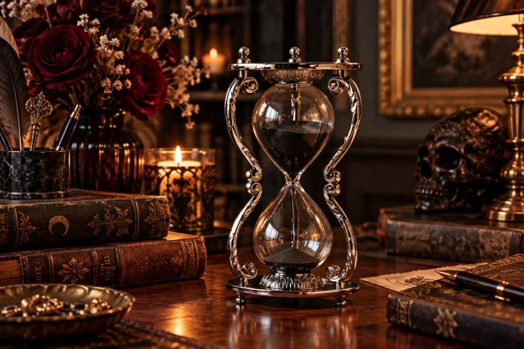 Ornate silver gothic hourglass with black sand on a dark wooden desk, surrounded by vintage books, burgundy roses, and candlelight.