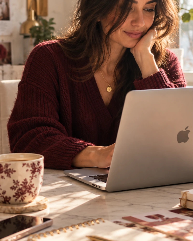Woman working on a laptop at a cozy desk with wrapped gifts, flowers, and stationery.