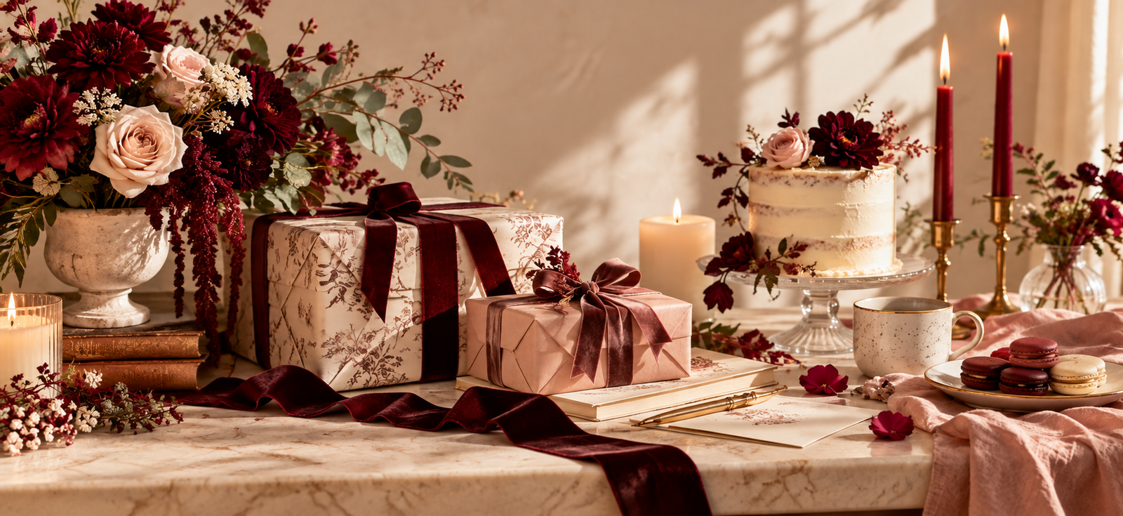 Elegant celebration arrangement featuring burgundy and blush flowers, beautifully wrapped gifts with velvet ribbons, a floral cake, candles, and macarons on a warm ivory tabletop.