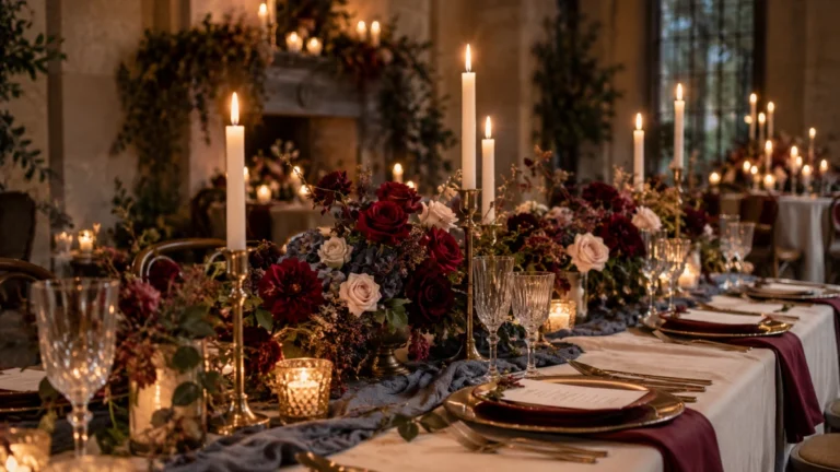 Dark romantic wedding reception with burgundy and ivory flowers, dusty blue table runner, gold candlesticks, and warm candlelight.