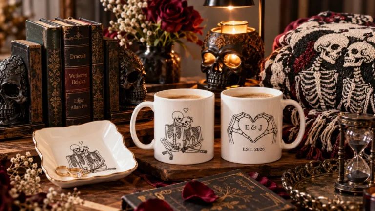 Gothic couple gifts featuring skeleton mugs, a romantic throw blanket, skull bookends, a ring dish, and gothic home decor.